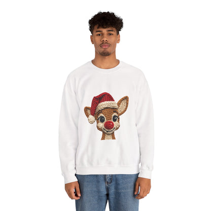 Christmas Crochet Reindeer Crewneck Sweatshirt – Cute Rudolph Face with Santa Hat