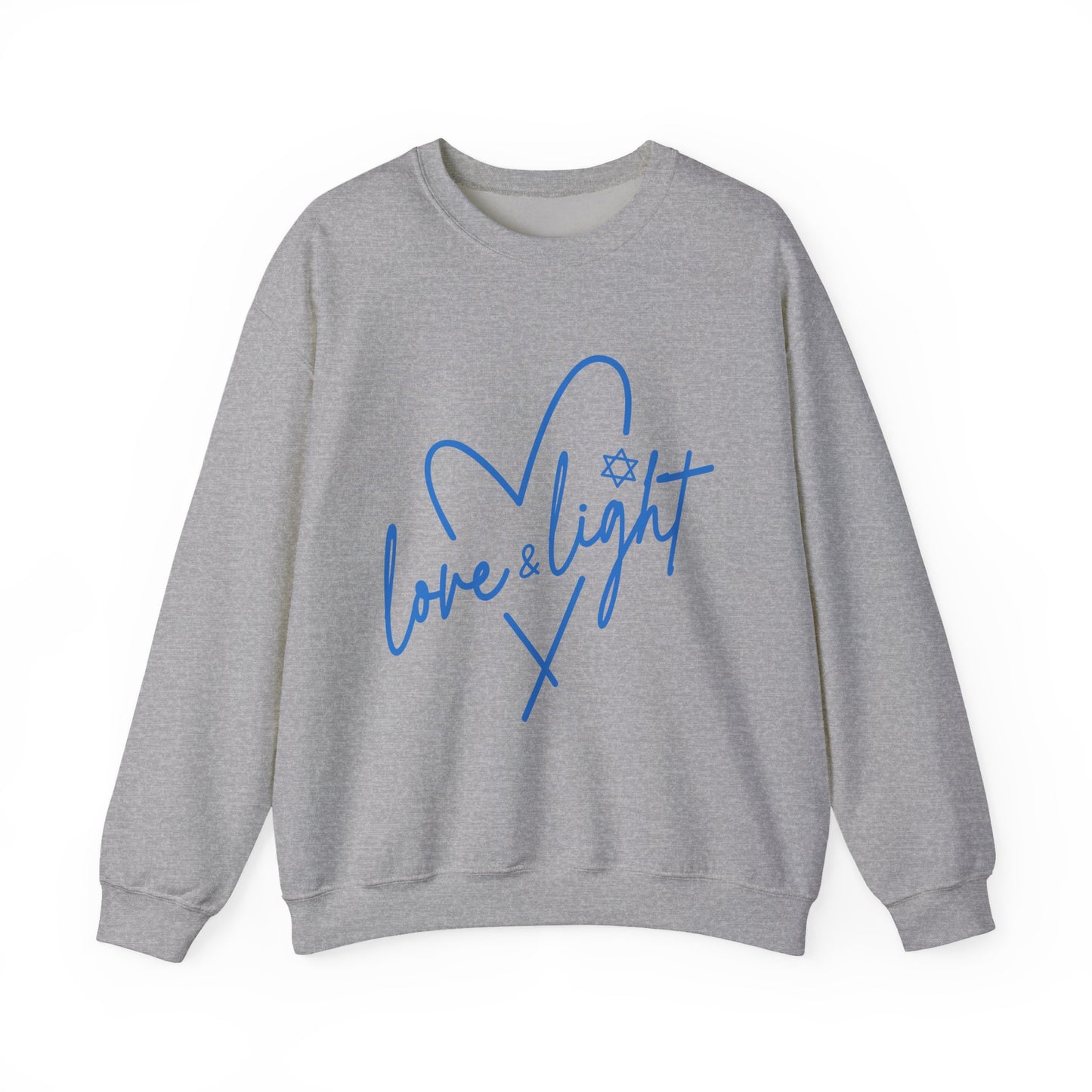 Crewneck Sweatshirt — “Love & Light” Blue Script Heart Design