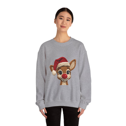 Christmas Crochet Reindeer Crewneck Sweatshirt – Cute Rudolph Face with Santa Hat