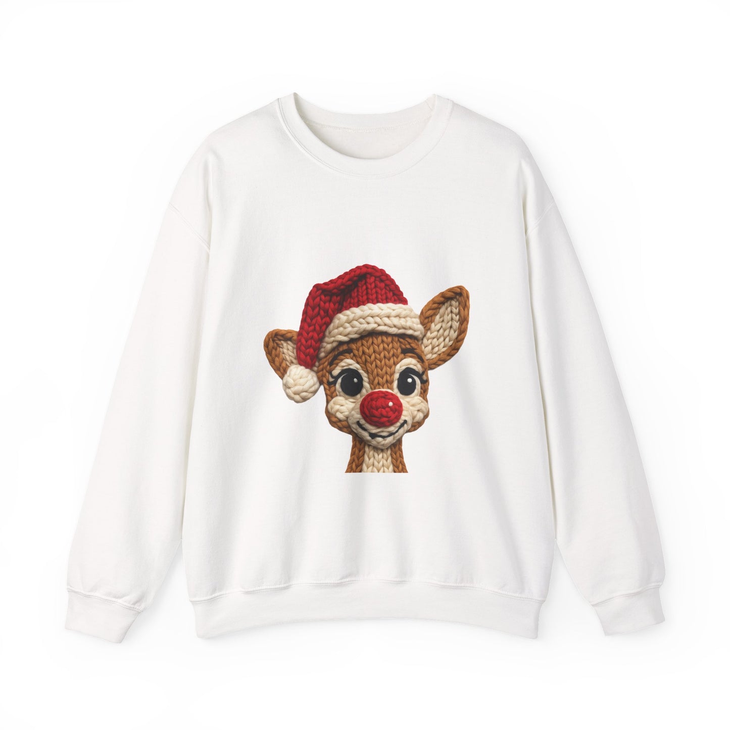 Christmas Crochet Reindeer Crewneck Sweatshirt – Cute Rudolph Face with Santa Hat