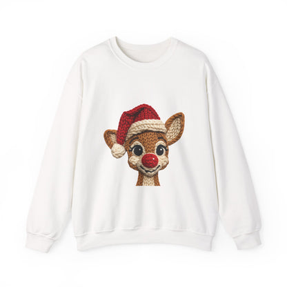 Christmas Crochet Reindeer Crewneck Sweatshirt – Cute Rudolph Face with Santa Hat