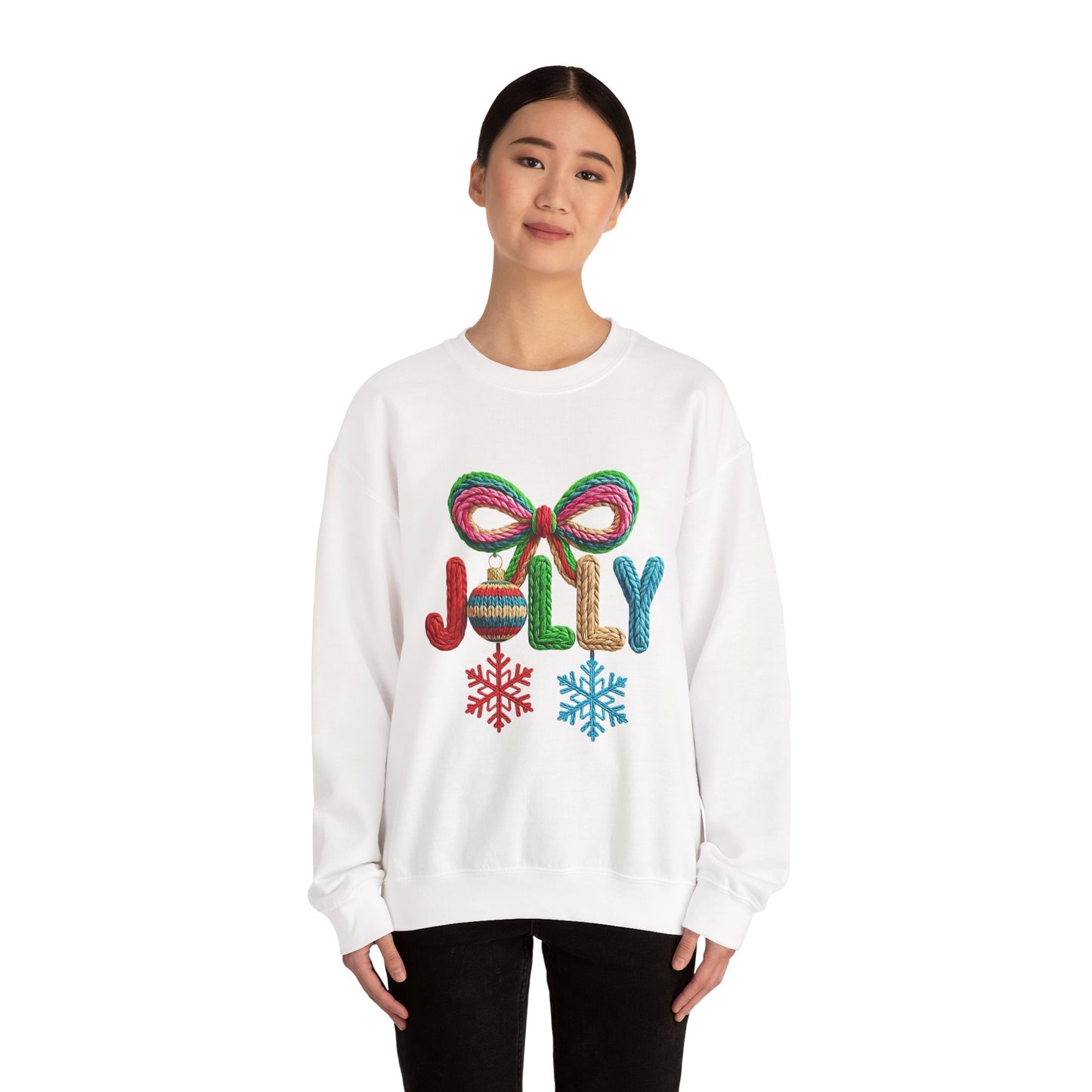 Jolly Holiday Crewneck Sweatshirt — Colorful Knit Ornament & Snowflake Christmas Sweatshirt
