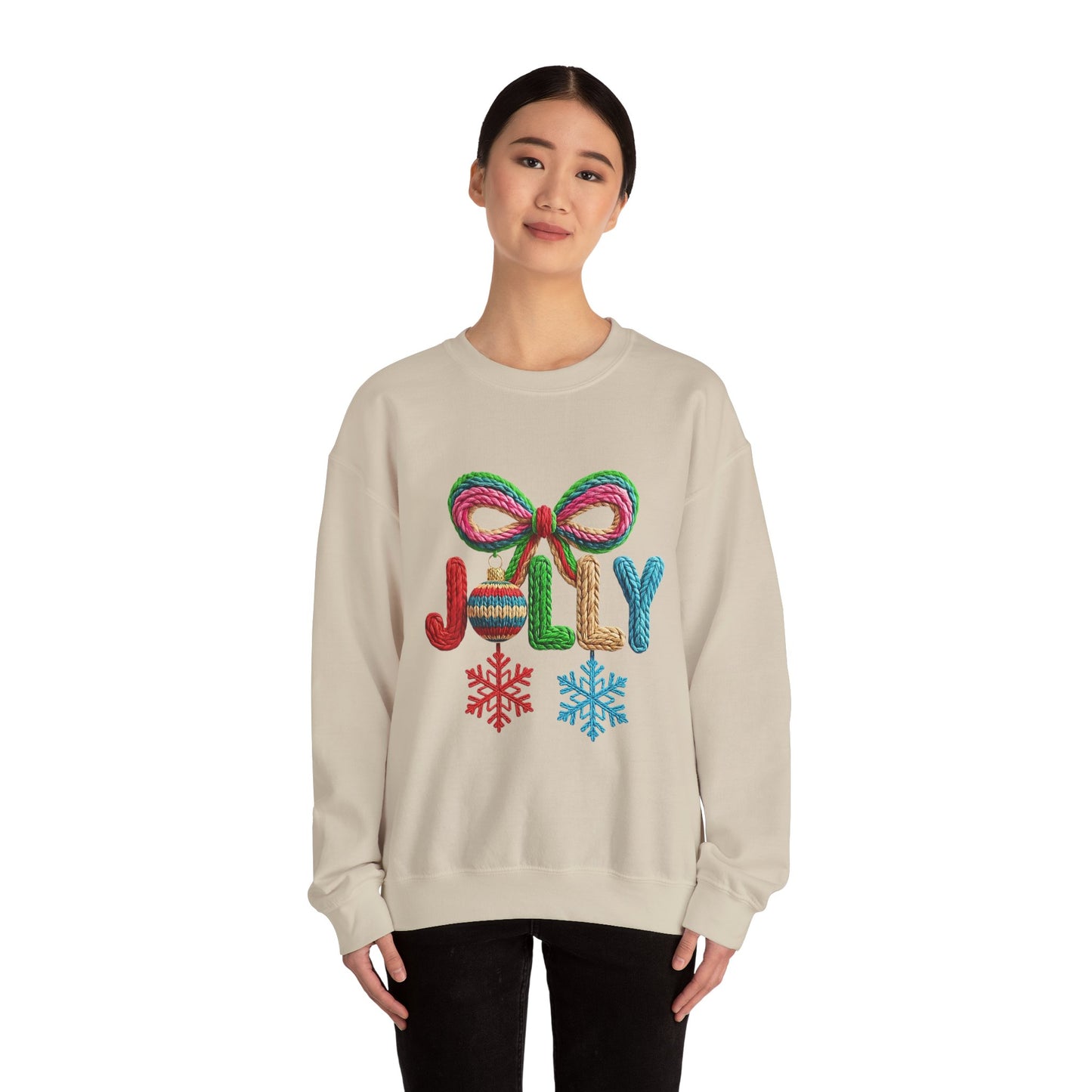 Jolly Holiday Crewneck Sweatshirt — Colorful Knit Ornament & Snowflake Christmas Sweatshirt