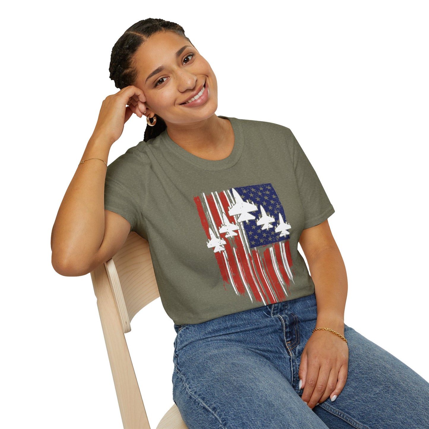 Unisex T-Shirt Jet Flag USA Military Patriotic Shield 4th of July