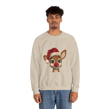 Christmas Crochet Reindeer Crewneck Sweatshirt – Cute Rudolph Face with Santa Hat