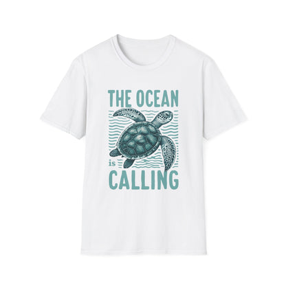 Ocean Calling Unisex Softstyle T-Shirt, Sea Turtle Tee, Beach Lover Shirt, Gift for Ocean Enthusiasts, Summer Clothing - To Be Designs