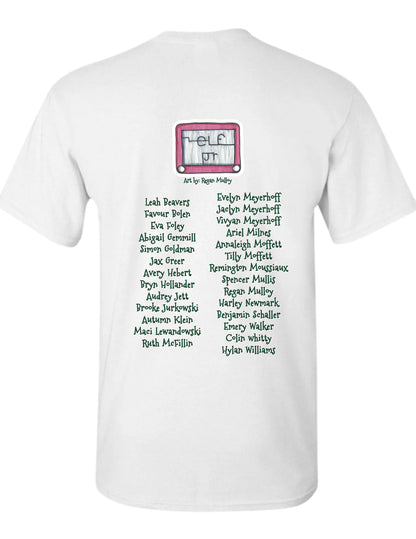 White t-shirt with a list of names on the back for theater show elf jr