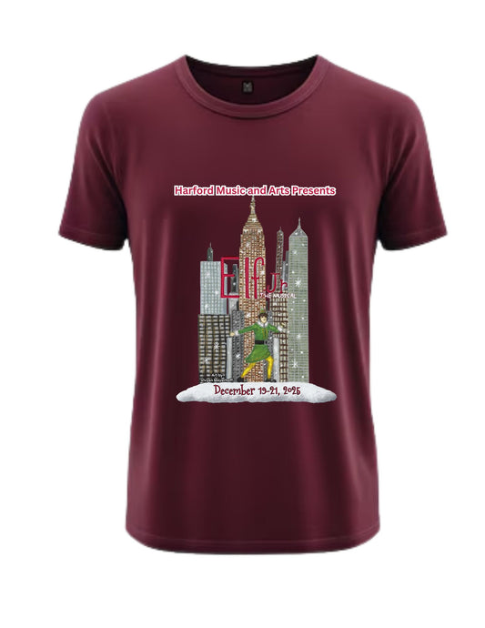 Maroon t-shirt with a graphic design of a city skyline and text on a white background for the Theater Show Elf Jr