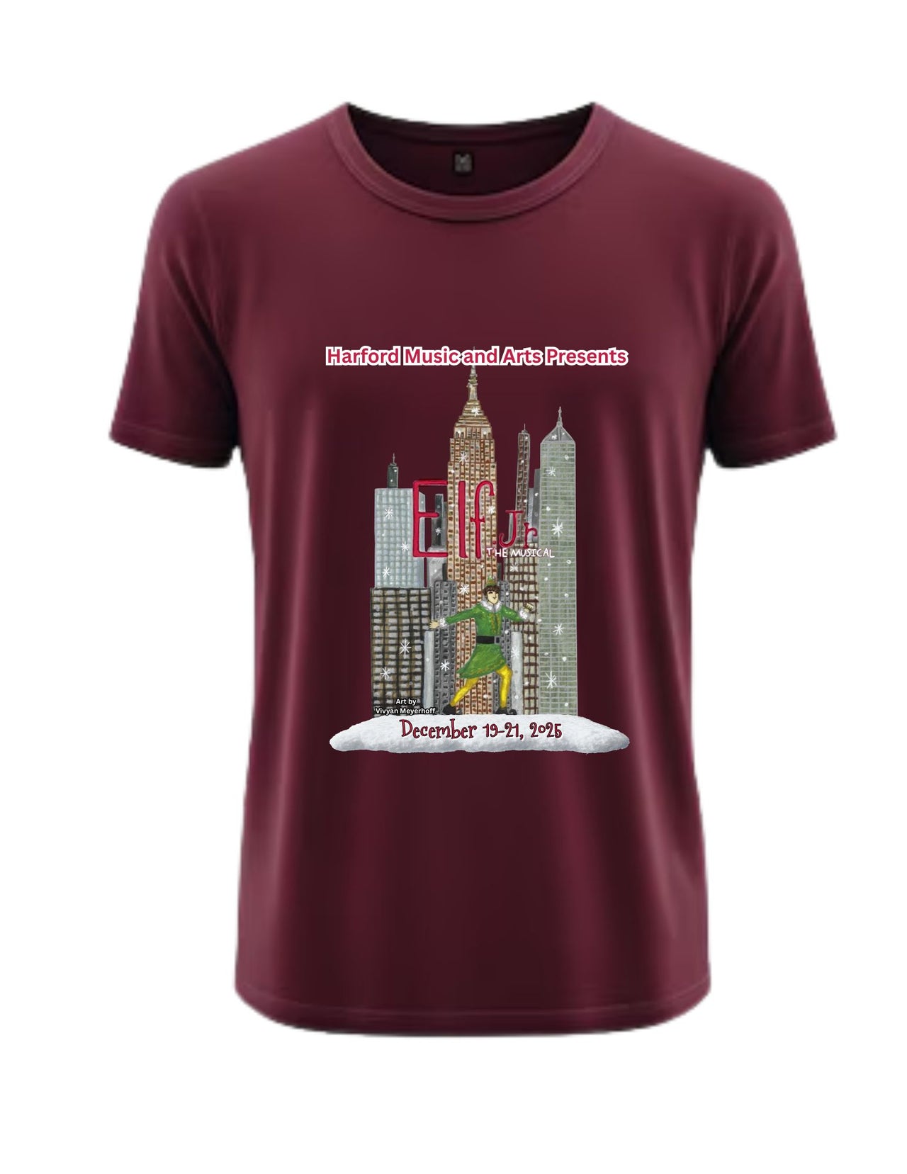 Maroon t-shirt with a graphic design of a city skyline and text on a white background for the Theater Show Elf Jr