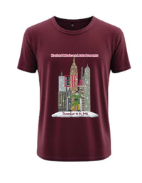 Maroon t-shirt with a graphic design of a city skyline and text on a white background for the Theater Show Elf Jr