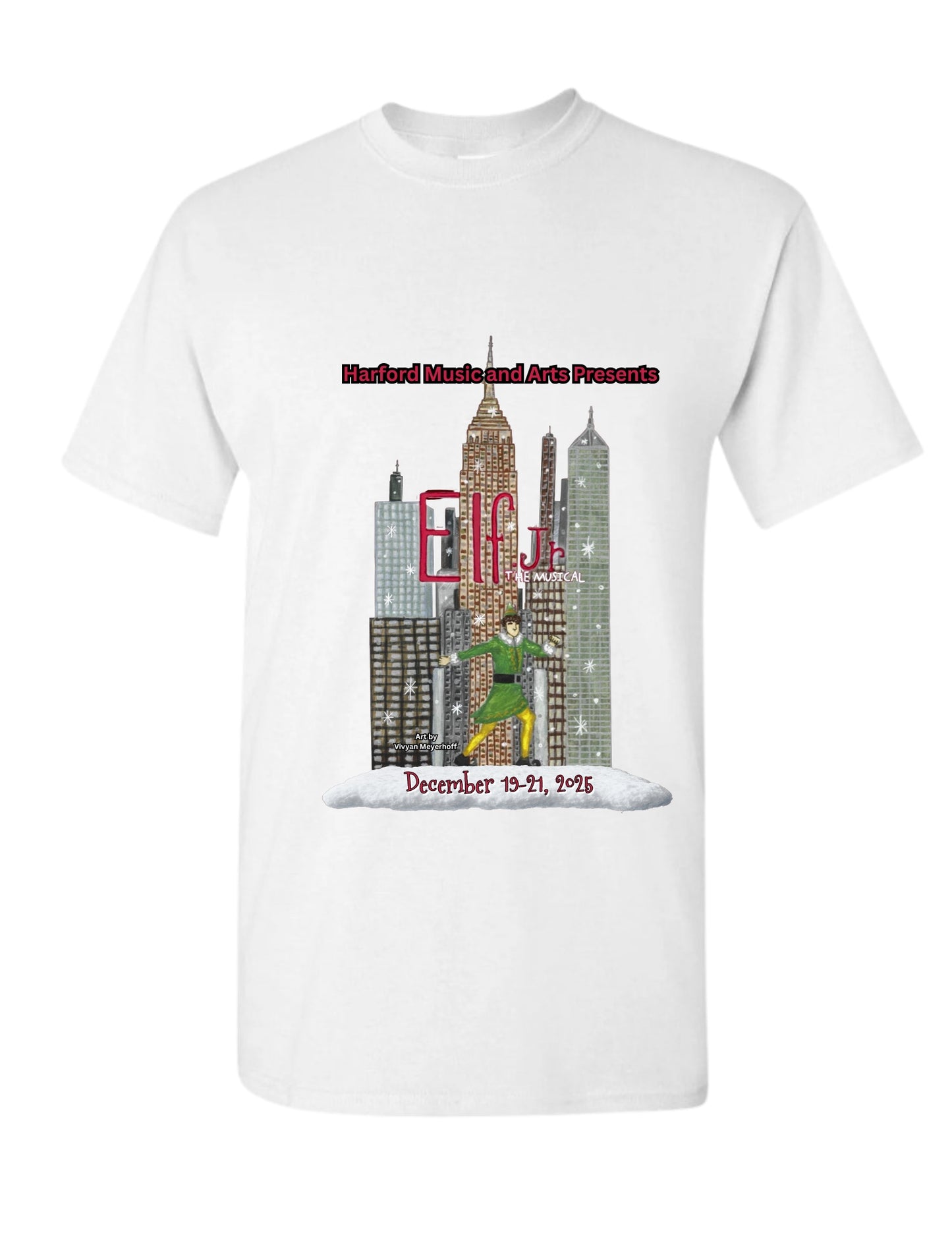 White t-shirt with 'Elf' themed graphic and text on a white background for Theater Show Elf Jr