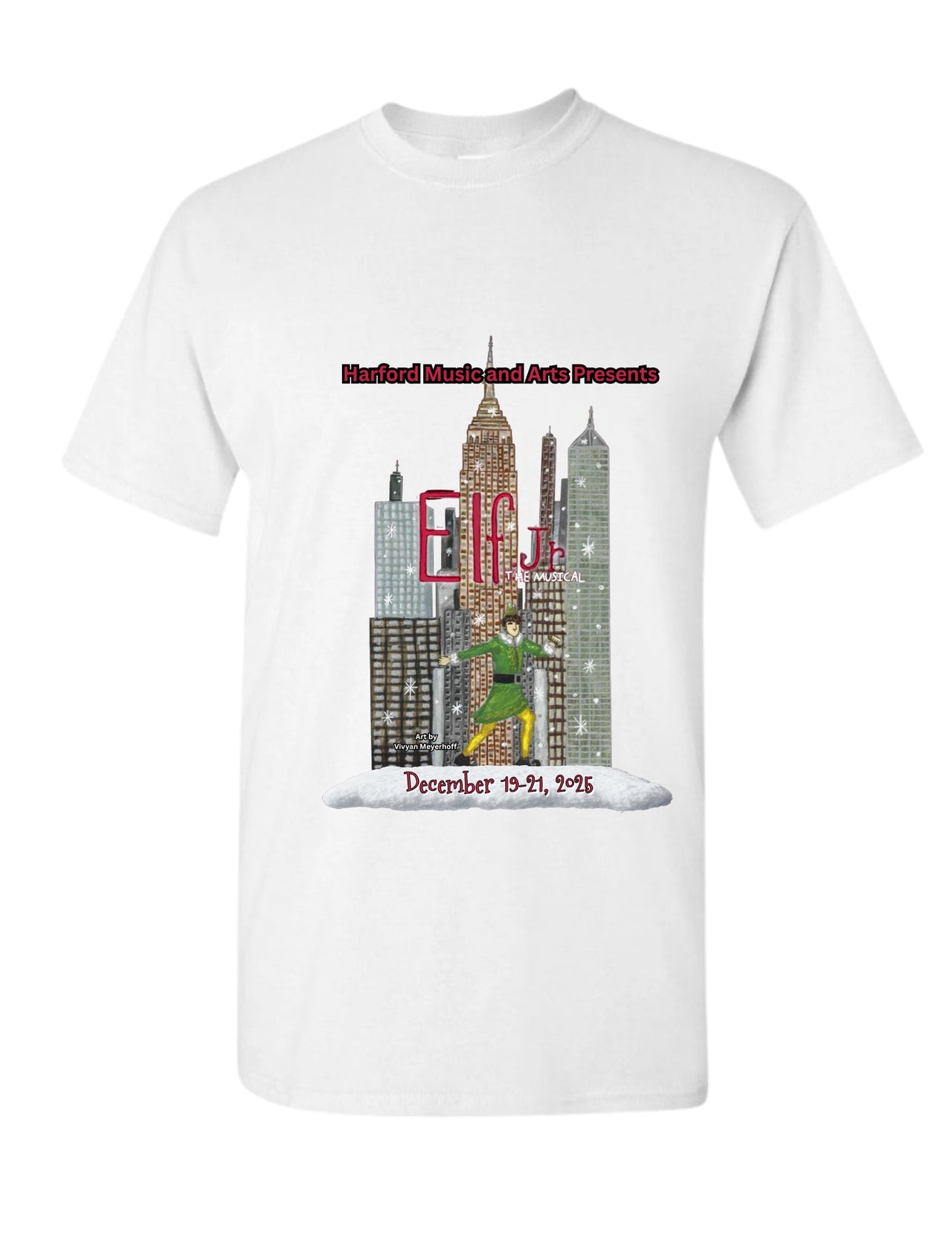 White t-shirt with 'Elf' themed graphic and text on a white background for Theater Show Elf Jr