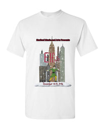 White t-shirt with 'Elf' themed graphic and text on a white background for Theater Show Elf Jr