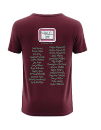 Maroon t-shirt with text on the back on a white background for Theater Show Elf Jr.